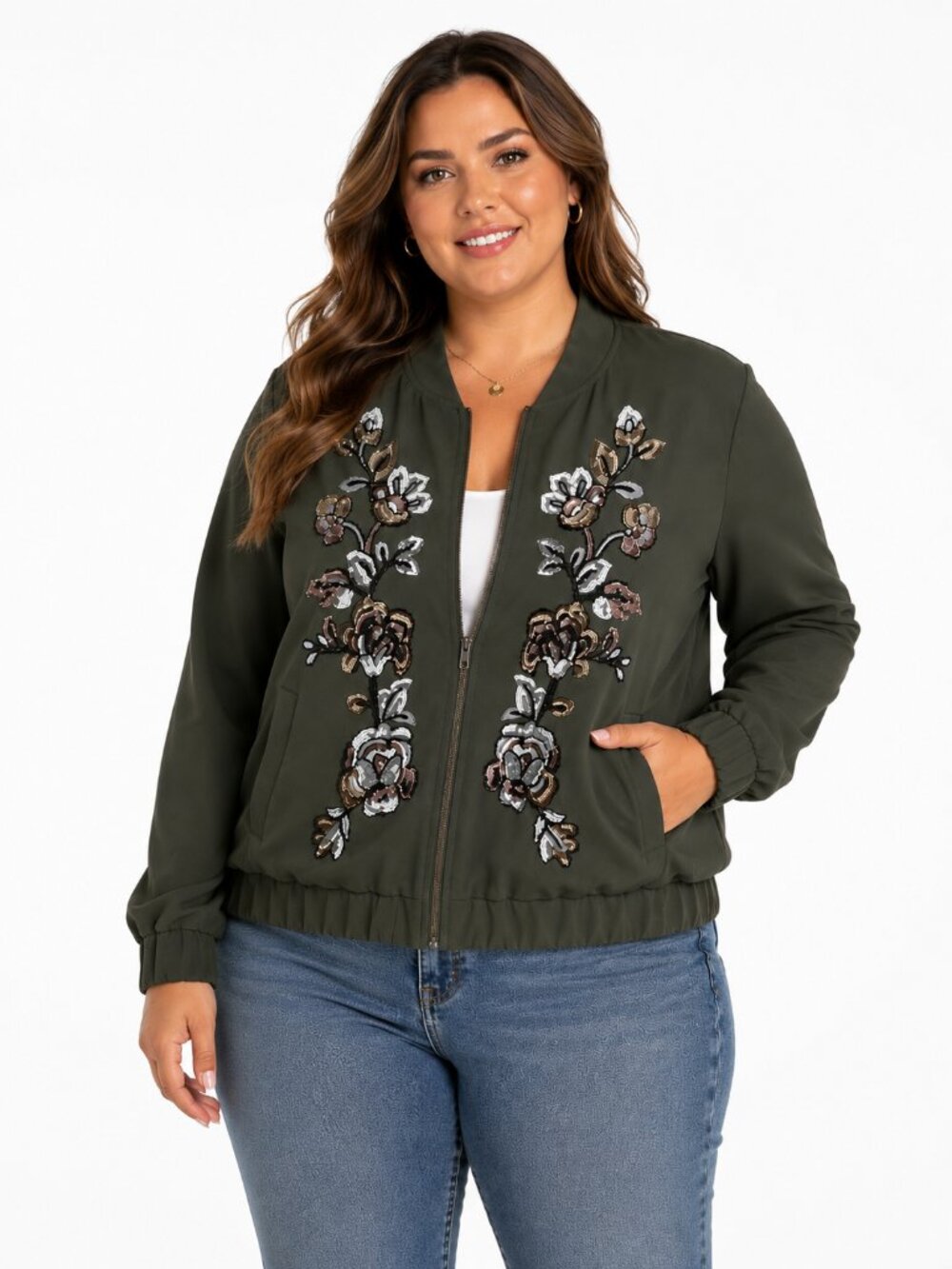 Chico's 3 Embroidered Sequins Bomber Jacket Sz XL Green Grape Leaf